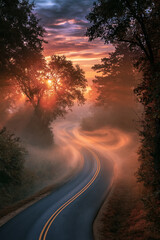 Obraz premium misty road emerging into sunrise light, serpentine asphalt through morning fog, ethereal dawn landscape with winding road