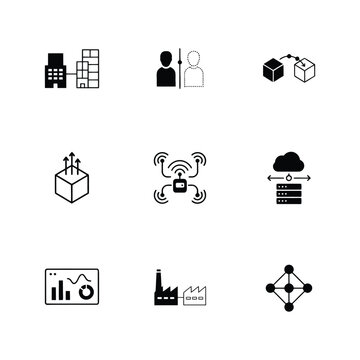 Flat design business and technology icons set. Vector collection of digital communication, data storage, and connectivity symbols.