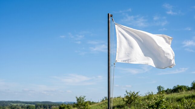 White flag waving on a pole against a clear blue sky with scattered clouds and a green landscape