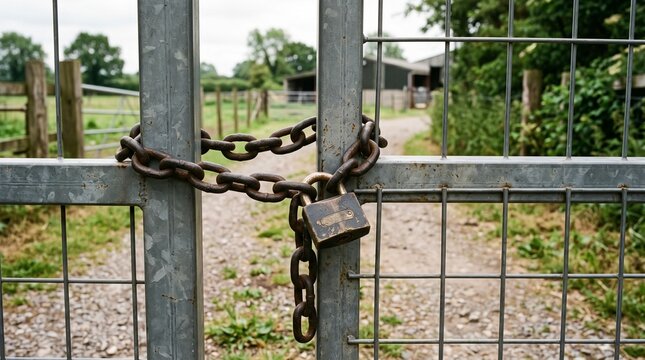 Farm Gate Locked With Rusty Chain and Padlock Showing Rural Access Blocked