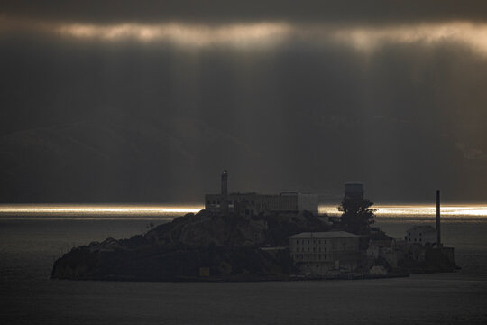 Dramatic moody view of Alcatraz Island near san francisco