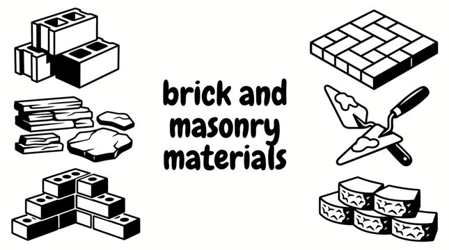 masonry building materials featuring clay bricks concrete blocks stone veneers mortar trowels paving bricks retaining blocks and wall construction components set for architecture engineering