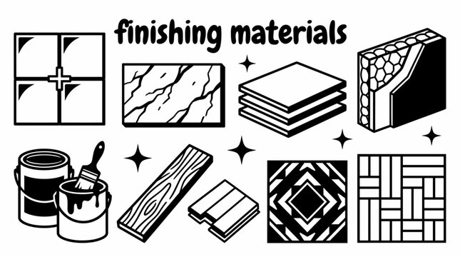 finishing construction materials featuring ceramic tiles marble slabs gypsum boards insulation panels paint buckets flooring materials and decorative moldings vector illustration architecture interior