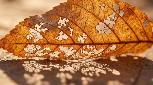 Skeletonized autumn leaf with intricate natural pattern