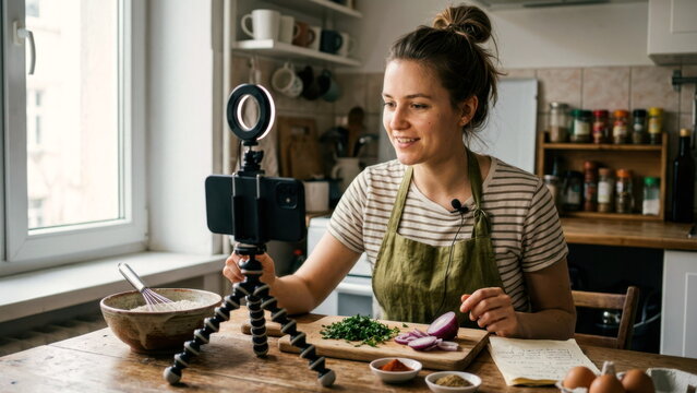Creator filming a recipe video at a kitchen table with smartphone tripod, clip on microphone, ring light, and cooking props in natural window light.