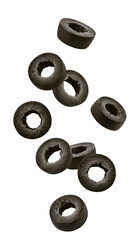 Obraz premium Falling black Olive slice, isolated, full depth of field