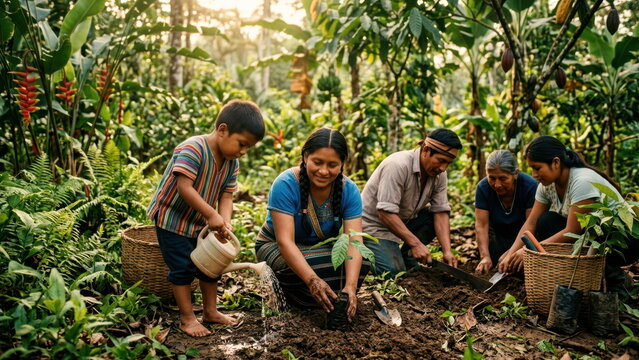 Indigenous family planting cacao seedlings in a rainforest agroforestry plot with woven baskets, hand tools, and a child watering saplings.