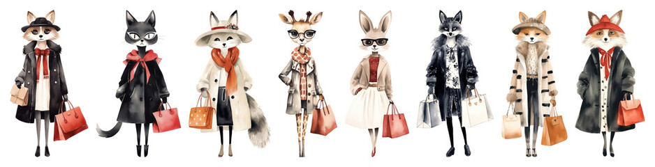 Fototapeta premium PNG Chic animals in stylish attire on transparent background