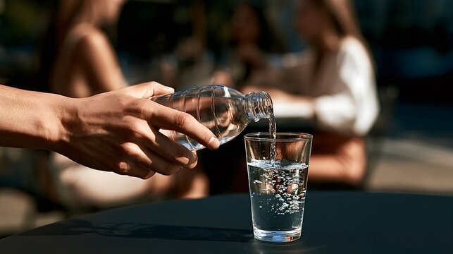 Person's hand pouring clean, refreshing water from a plastic bottle into a clear glass, creating bubbles on a dark table, with people blurred in the background on a sunny day