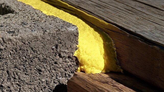 Bright yellow expanding foam sealant filling a gap between a dark grey concrete block and textured brown wooden planks, providing insulation and weatherproofing in a construction detail