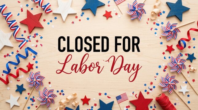 Closed for labor day sign with patriotic red white and blue decorations on a beige background