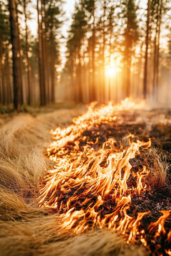 Wildfire Spreading Across Dry Grass Near Forest