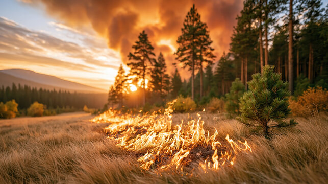 Wildfire Spreading Across Dry Grass Near Forest