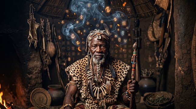 Elderly African Shaman Portrait with Leopard Mantle, Bone Necklaces, Spirit Embers and Dramatic Chiaroscuro Light