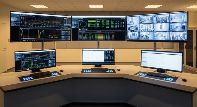 Modern command and control center workstation with multiple computer screens and security monitoring displays.