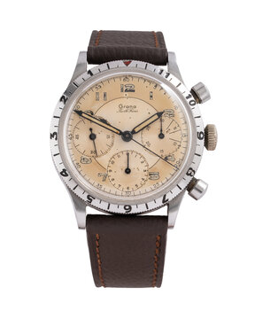 Grana brand hand-wound chronograph, steel case with two-tone white dial and luminescent Arabic numerals. Milan, Italy,  September 2, 2025.