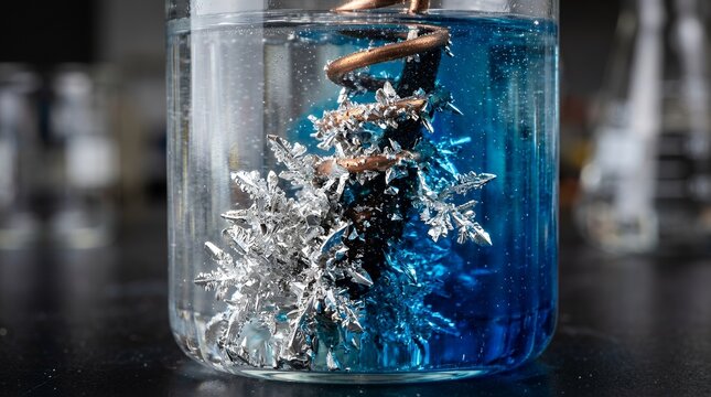 Silver crystal growth in blue chemical solution.