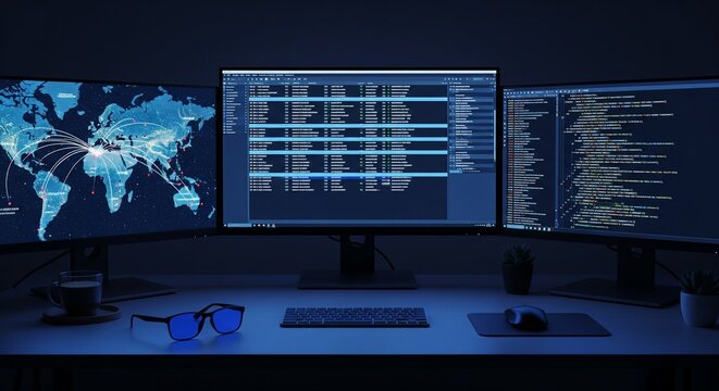 Computer monitor displaying lines of code on screen in a blue dim workstation setting