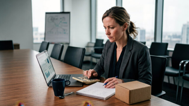 Retail analyst reviewing holiday spending scenarios with calculator, laptop, parcel sample, and coffee in a quiet conference room.