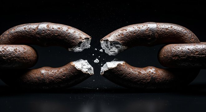 A heavy metal ring snapping in half under tension with small broken particles against a black background.