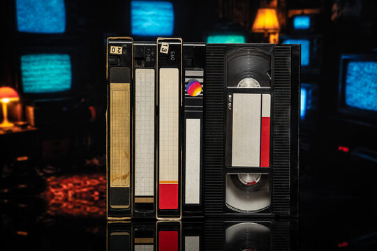 Vintage VHS cassette tapes on table
