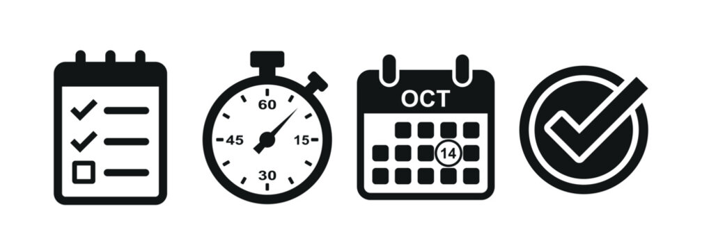 Set of four black icons representing project management tasks time tracking scheduling and successful completion of work