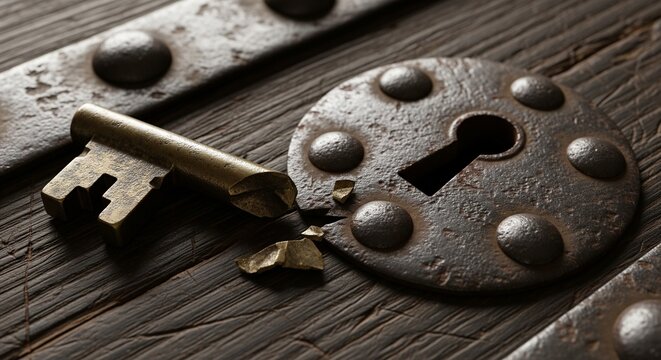 Close-up of an old metallic lock and keyhole mechanism on dark wood.