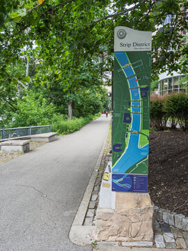 Strip District map signage along the Three Rivers Park trail in Pittsburgh Pennsylvania