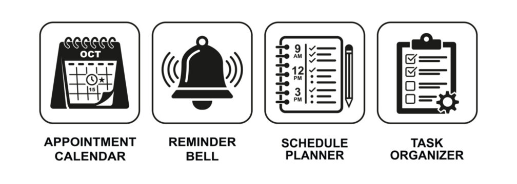 Set of four business productivity icons representing appointment calendar notification bell schedule planner and task checklist
