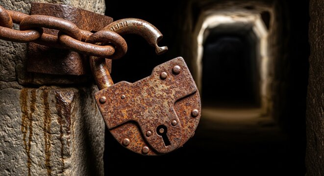 Close-up of an old rusty open padlock mounted on a wooden surface.