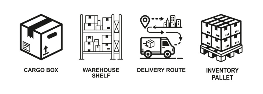 Set of logistics and supply chain icons illustrating warehouse management delivery and inventory tracking processes for business