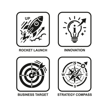 Set of four business concept icons featuring rocket launch innovation target and strategy compass in black style