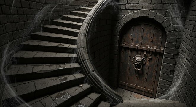 Old spiral stone stairs going down into a dark castle basement near a heavy arched door