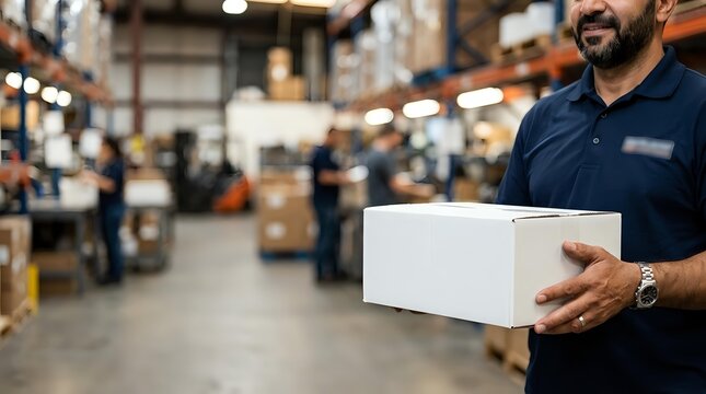 Male warehouse worker with dark beard and facial hair, wearing navy polo shirt, holding white cardboard box in industrial storage facility with shelving and inventory in background.