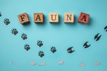 Fototapeta premium Wooden blocks spelling the word fauna with animal paw prints and silhouettes on a blue background