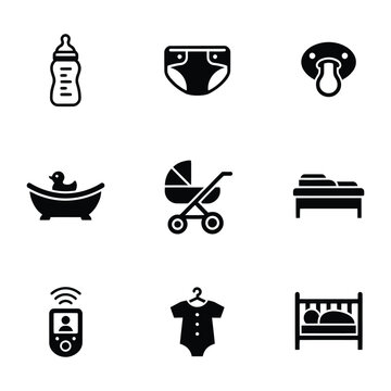 Newborn Baby Care Infant Essentials and Nursery Equipment Icons Set
