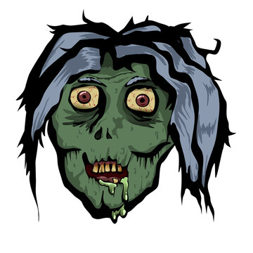 Female zombie head icon or sticker. Green-skinned monster head with an outline. Vector illustration of a scary head with crooked teeth and bulging eyes.