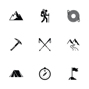 Mountain Climbing Extreme Mountaineering Peak Exploration and Expedition Icons Set