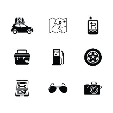 Road Trip Driving Exploration Vehicle Navigation and Travel Tools Icons Set