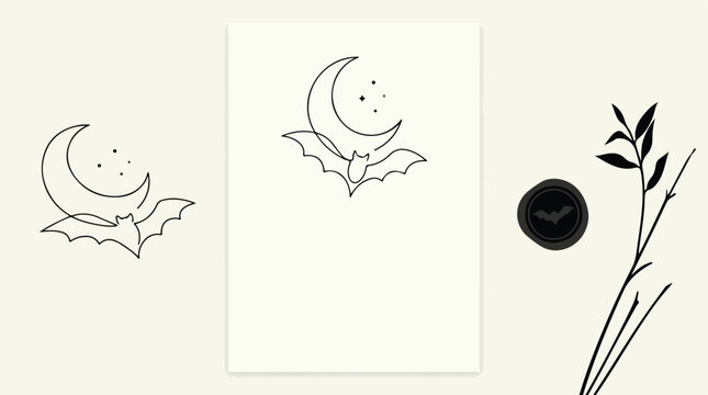 Minimalist Halloween card mockup featuring continuous line art of a bat and moon with black wax seal on cream background.