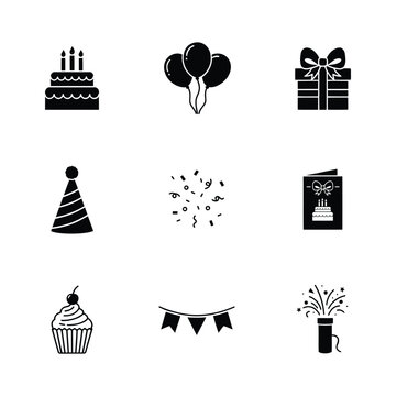 Birthday Party Celebration Event Decoration and Anniversary Greeting Icons Set
