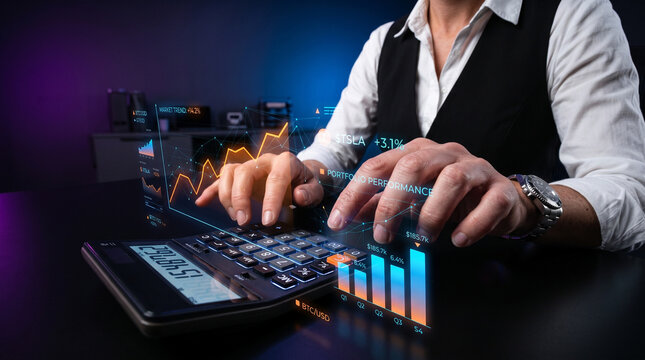 Close-up of a businessman's hands using a futuristic calculator that projects holographic financial charts, stock market trends, and portfolio performance data, illustrating advanced fintech trading 