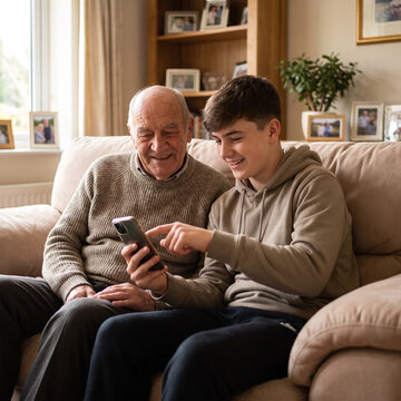 Grandson demonstrates modern smartphone features to his smiling grandfather while they relax together on a comfortable sofa in a cozy living room.