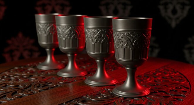 Row of dark metal goblets lit by red ambient light.