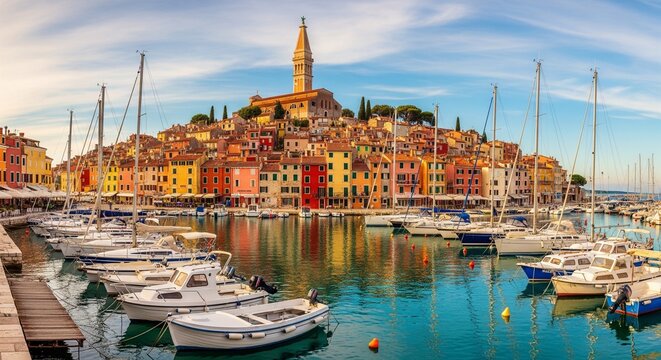 Colorful old town houses and cathedral bell tower reflected in harbor water with docked boats