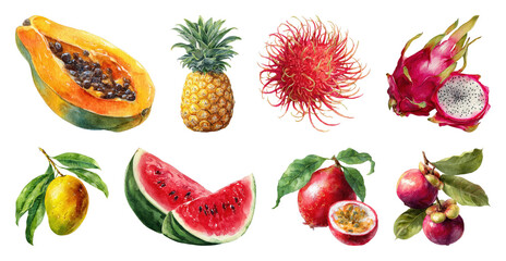 Obraz premium PNG Tropical fruits watercolor illustration, transparent background