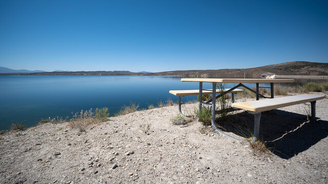 Wide angle view of picnic table beside South Fork Reservoir