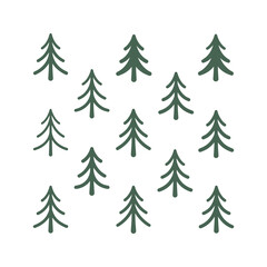 Obraz premium Scattered dark green stylized pine tree illustrations creating a minimalist nature pattern on white