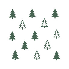 Fototapeta premium Stylized dark green evergreen trees and outlines in a repeating pattern on a white background