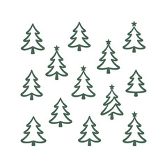 Obraz premium Simple dark green Christmas tree outlines, some featuring stars, are arranged on a clean white background